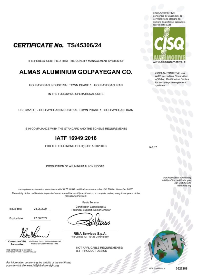 IATF 16949:2016 certificate of Almas Aluminium Golpayegan, issued by RINA / CISQ