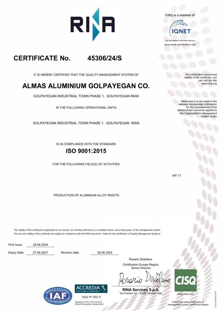 ISO 9001:2015 certificate of Almas Aluminium Golpayegan, issued by RINA